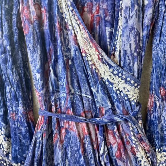 Bohemian Princess Maxi Dress Women’s One Size Wrap Embroidered Blue Hippie Boho - Picture 5 of 9